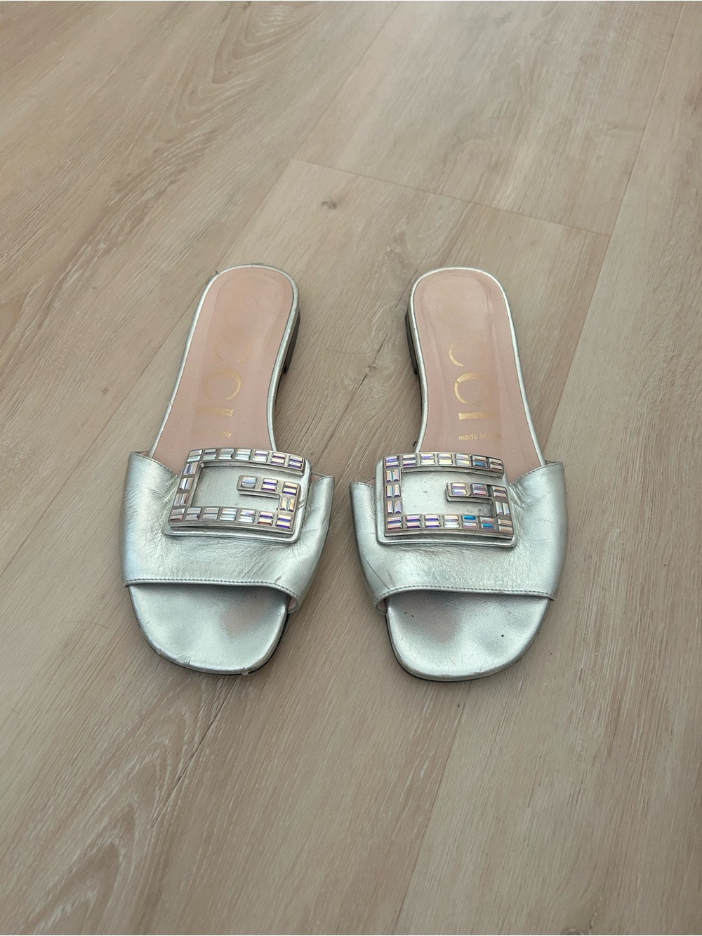 Gucci Madelyn Crystal Square G Silver Metallic Slide Sandals 37.5